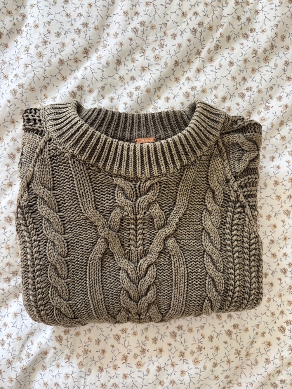 Free People Taupe Cable Knit Crew Sweater